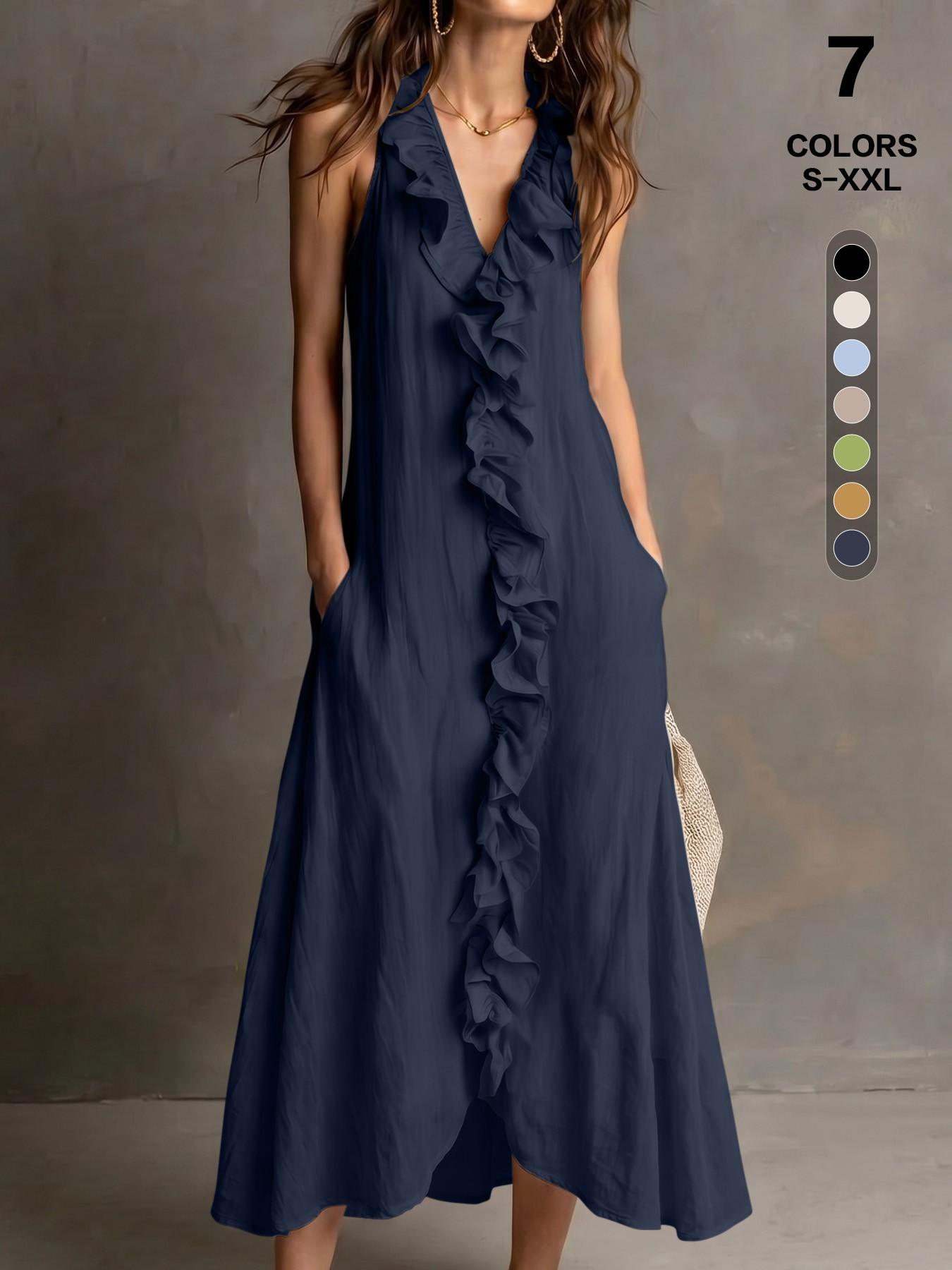 Elegant Chic Summer Boho Bohemian V-Neck Sleeveless Halter Maxi Dress for Women with Ruffle Trim, Comfortable Textured Fabric, Pockets, Multi-Size, Casual Wear, Everyday & Vacation Wear, Womenswear