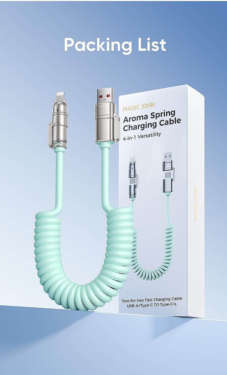 NEW - MAGIC JOHN Aromatherapy 4-in-1 Coiled Universal USB Charger Cable ️240W Fast Charging & Data Sync for iPhone & Android, Build-in fragrant, Retractable CarPlay Cord