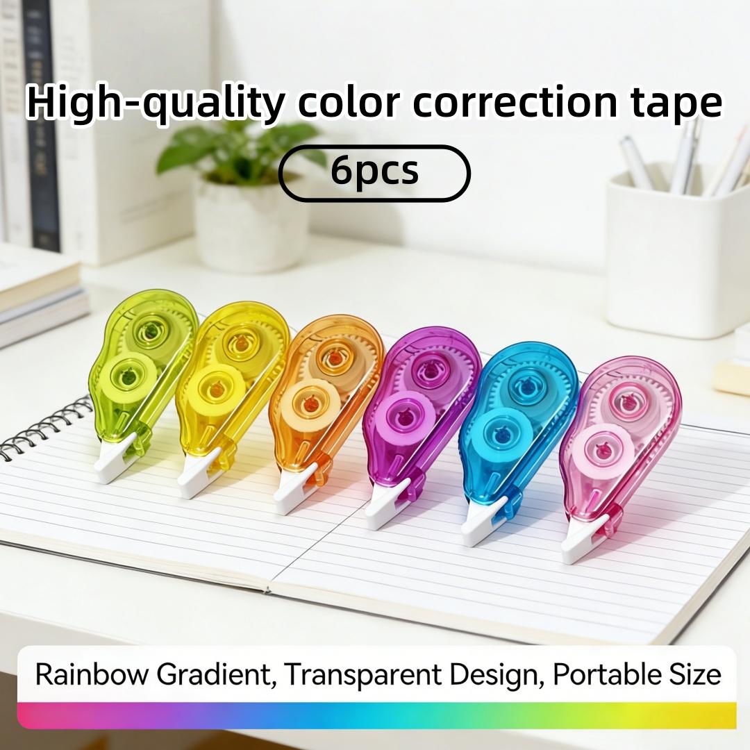 6-Pack Lightweight Transparent Correction Tape, Flip-Top Portable Design, Multiple Color Options, Ideal for School Notes, Exams, Office Supplies