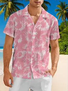 Men's Beachwear Coconut Tree Sailboat Graphic Shirt, Gradient Cuban Collar Short Sleeve, Loose Fit Summer Vacation Style，Fast shipping