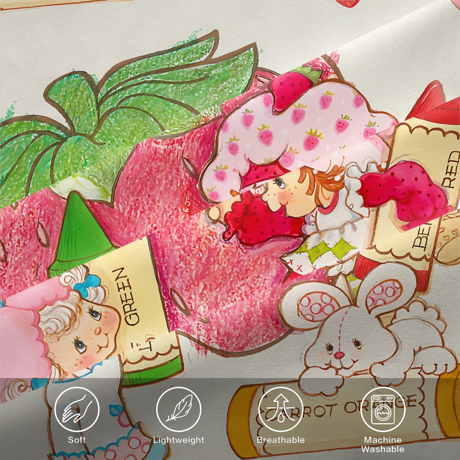 Strawberry Shortcake Fitted Sheet Set, 1 Fitted Sheet + 2 Pillowcases - 3 Pcs Soft Breathable Bedding with Deep Pocket, 360° All-Round Wrap, Wrinkle Resistant, Cute Strawberry Cartoon Bed Sheets for Girls Bedroom Decor, Full Size