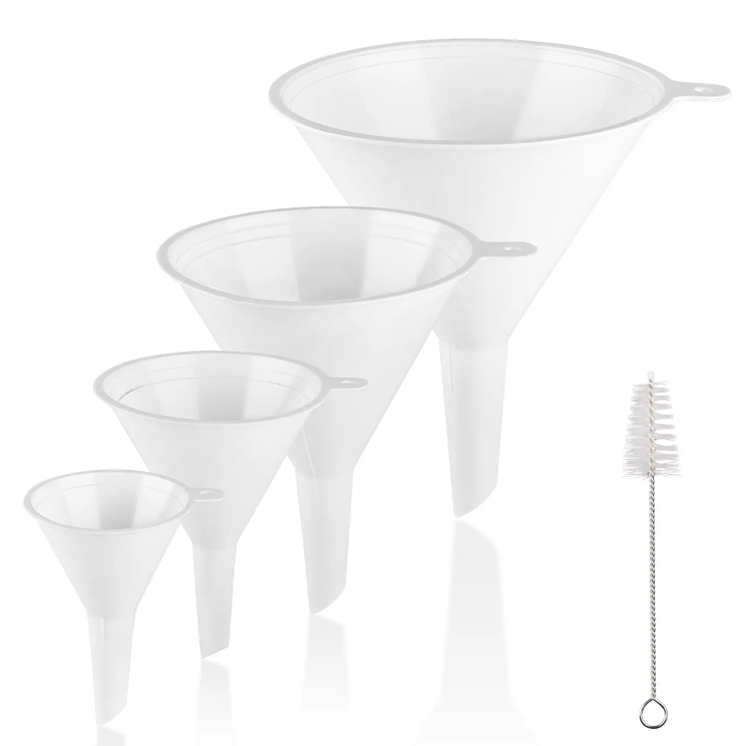 4 count Plastic Kitchen Funnel Set with Clean Brush,  Grade Funnel for Kitchen Use Filling Bottles, Liquid, , Multifunctional Funnels for Cooking, Lab and Automotive Use