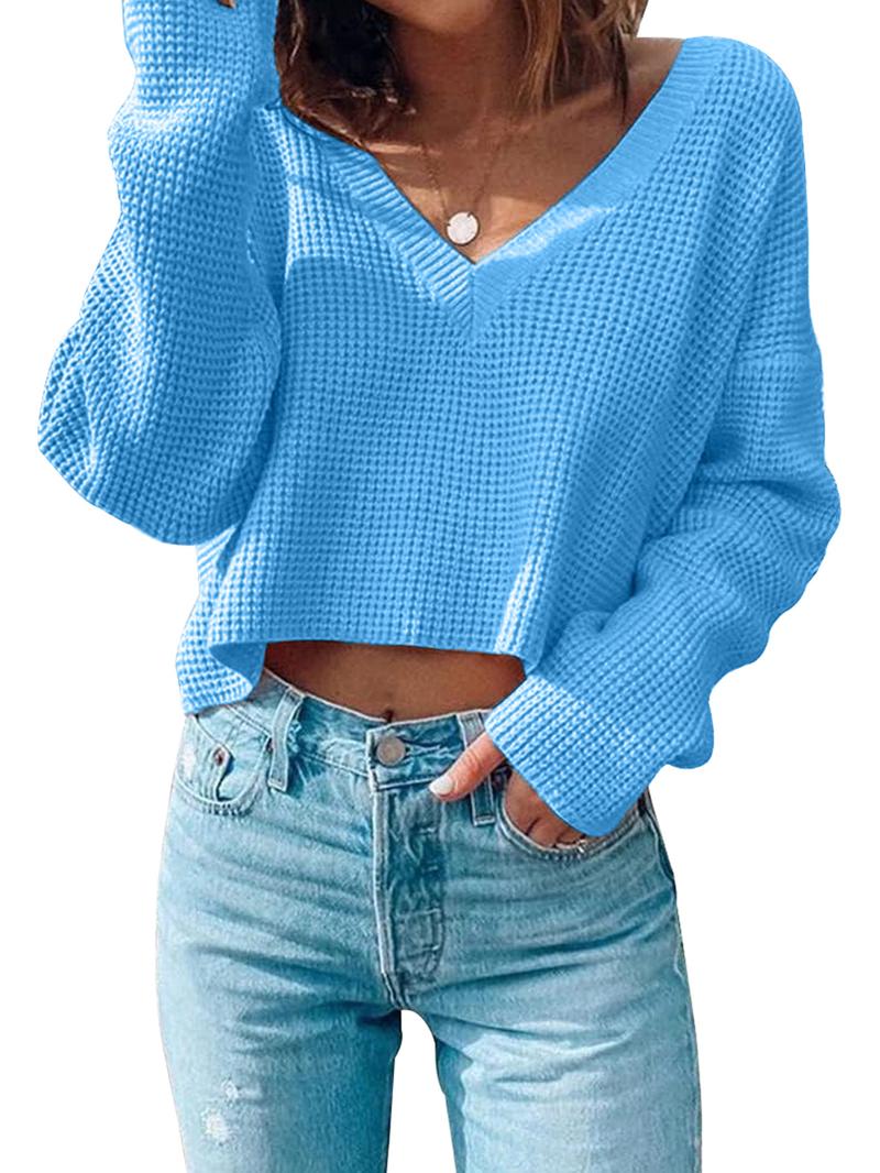 Women's Textured Drop Shoulder Crop Sweater, Basic Soft Casual Long Sleeve Deep V Neck Jumper for Fall & Winter, Women's Knitwear Top for Daily Wear