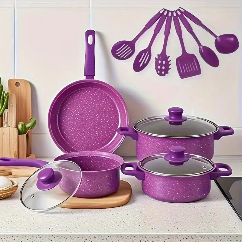 13-Piece non-stick cookware set, with high-quality non-stick coating, with multi-functional cookware for frying, cooking, boiling and stewing. Stacked design saves space and is easy to operate Nonstick cookware set Nonstick Pots Pans Sets