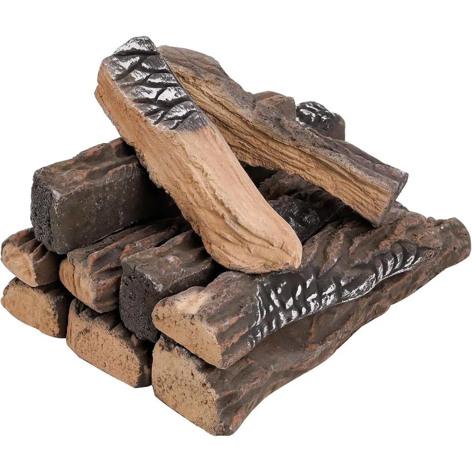 10 Piece Set of Large Ceramic Logs for Gas Fireplace | Heat Resistant Realistic Logs, Decorate Firepit, Gas Inserts, Ventless & Vent Free