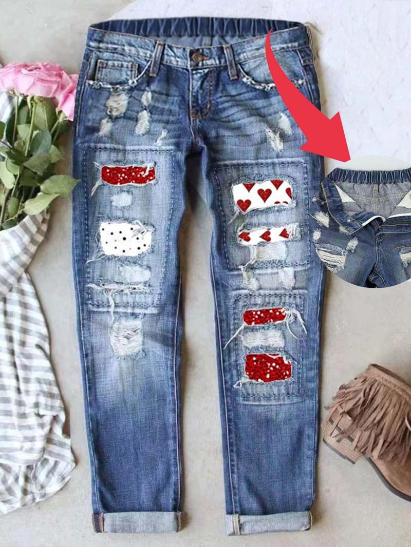 Women’s Ripped Patch Boyfriend Jeans with Multiple Cute Prints Loose Washed Denim Mid-Waist Elastic Waist Breathable & Comfy Women’s Ripped Patch Boyfriend Jeans with Multiple Cute Prints Loose Washed Denim Mid-Waist Elastic Waist Breathable & Comfy