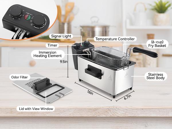 Kerilyn Large Deep Fryer with Basket, 3.2QT Stainless Steel Electric Oil Fryer,1700w Deep Fryer with Time & Temperature Control  Removable Basket, Lid with View Window,Perfectfor Kitchen,Fry Fish,Professional Style fryer
