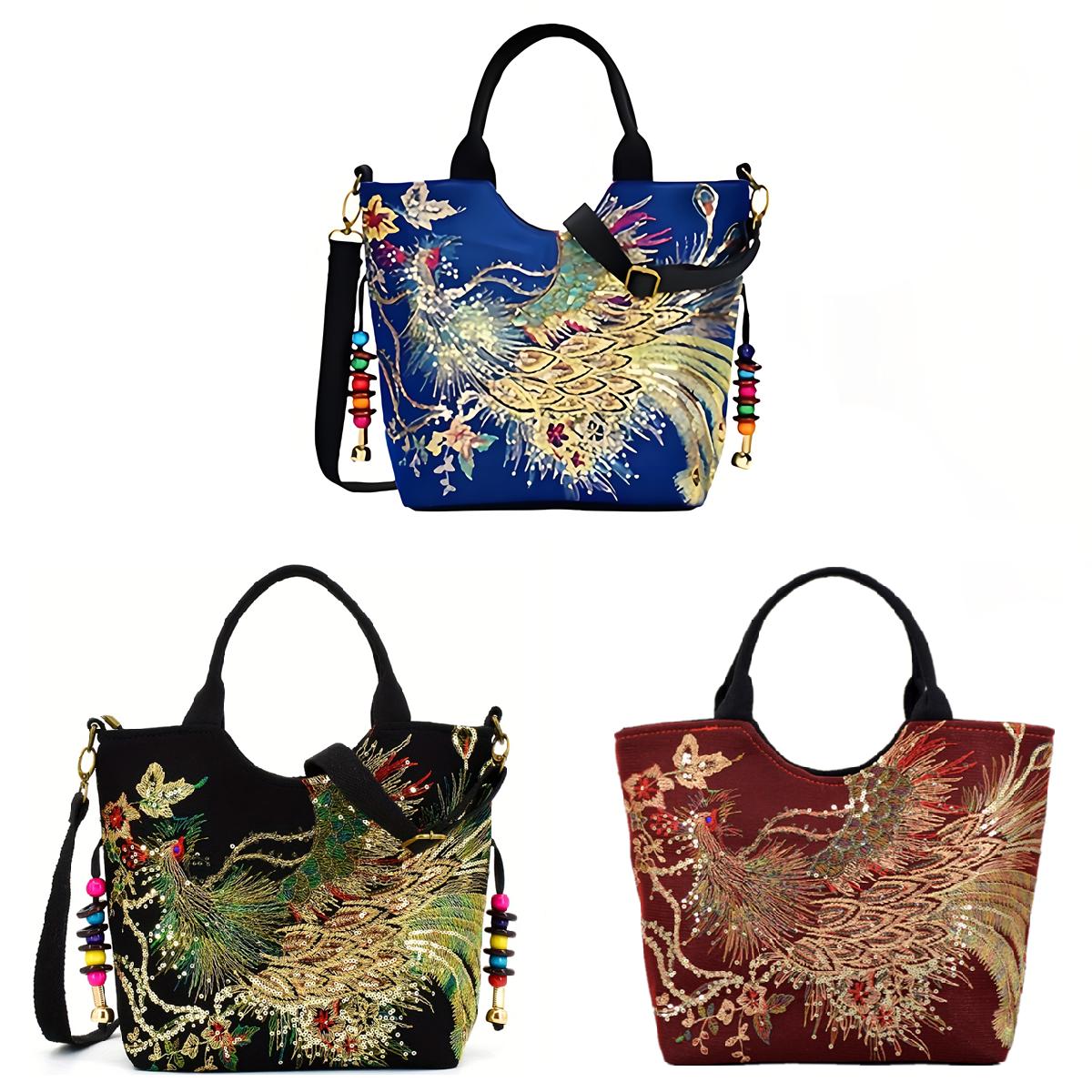 Outdoor Bohemian Canvas Tote Bag with Good luck, auspiciousness, Chinese style Phoenix Sequin Totem Design, Handmade Embroidery