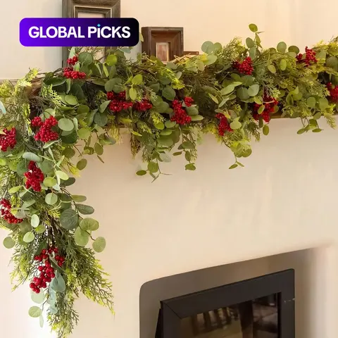 Christmas Garland Artificial Pine Cypress Eucalyptus Garland with Red Berries Christmas Tips Cedar Garlands,Christmas Decorations Holiday Indoor Outdoor Winter Garland #GLOBAL PICKS