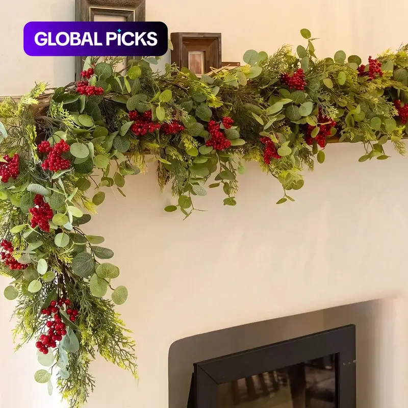 Christmas Garland Artificial Pine Cypress Eucalyptus Garland with Red Berries Christmas Tips Cedar Garlands,Christmas Decorations Holiday Indoor Outdoor Winter Garland #GLOBAL PICKS