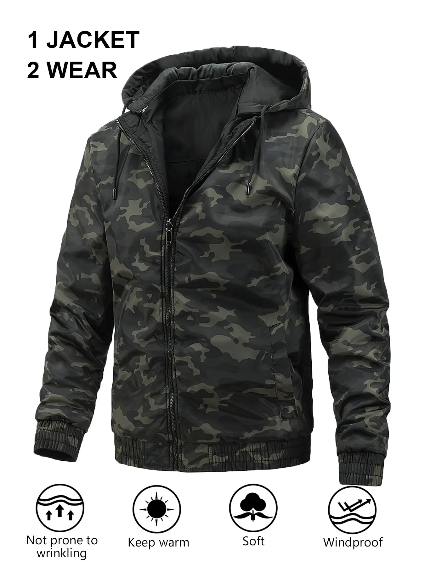 Men's Reversible Hooded Jacket Two Ways Wear Camouflage & Solid Color Windproof Outerwear, Soft Anti-Wrinkle Warm Zip Up Hooded Bomber Coat With Zipper Side Pockets, Casual Lightweight Jacket For Spring Autumn Daily Travel Outdoor Sports Daily Streetwear