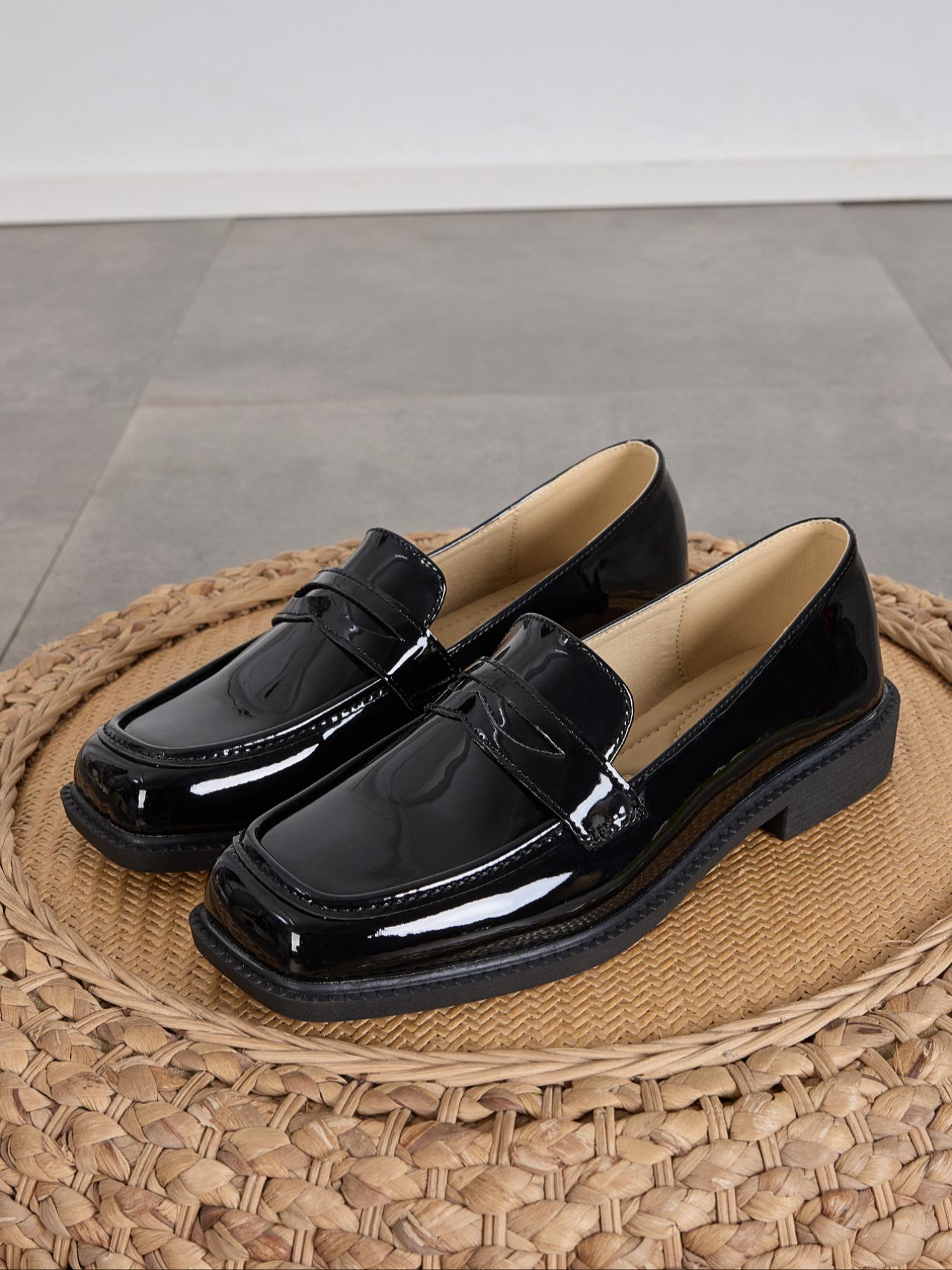 Women's Fashion PU Leather Loafers, Geometric Pattern Slip-On Shoes, Comfortable Mid Heel Fall & Winter Footwear