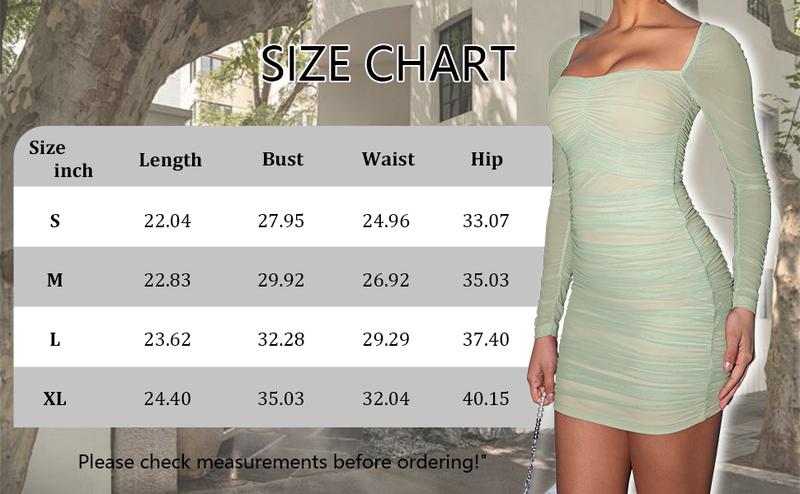 OYV Women's Sexy Mesh Square Neck Long Sleeve Ruched Bodycon Party Club Mini Dress