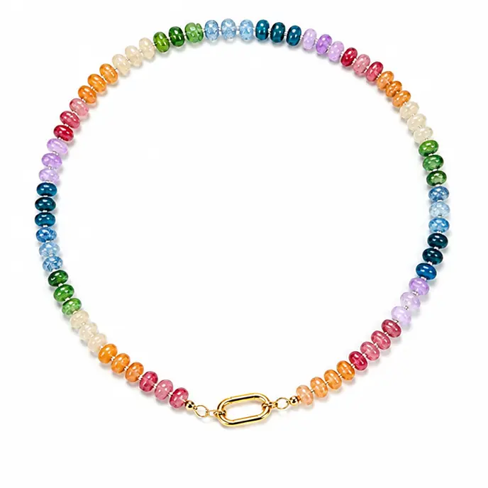 Colorful Beaded Necklace for Women, 17.3" Rainbow Bead Choker Necklace with Detachable Gold-Tone Oval Clasp, Trendy Short Layering Necklace, Colorful Jewelry Gift for Women