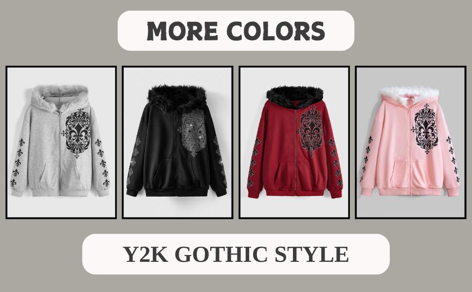 Women's Zip Up Hoodies Graphic Rhinestone Contrast Faux Fur Long Sleeve Sweatshirt Jacket with Pockets