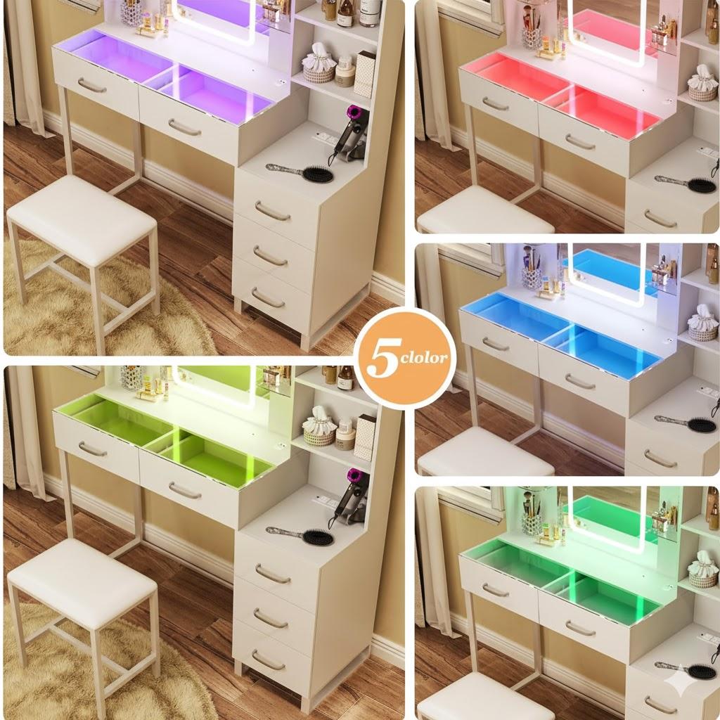 Vanity Desk with Mirror and LED Lights, 57.5" Makeup Vanity with Glass Top , Vanity with RGB Drawers, 3 Colors Light, Power Outlet Safety Switch for Bedroom, White