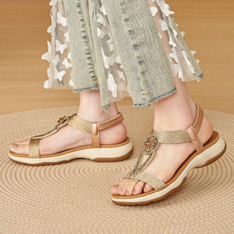 Women’s Boho Beaded T-Strap Sandals, Elastic Slingback Non-Slip TPR Soft Platform Summer Daily Beach Sandals