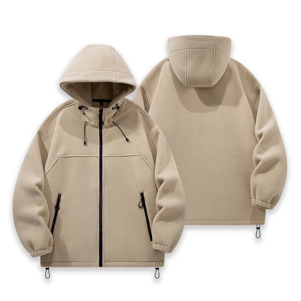 Men's hooded plush jacket, full zipper adjustable drawstring hooded jacket, zipper side pocket loose and warm soft plush jacket, elastic cuffs and hem windproof casual outer layer, suitable for hiking, outdoor sports, daily commuting, autumn and winter co