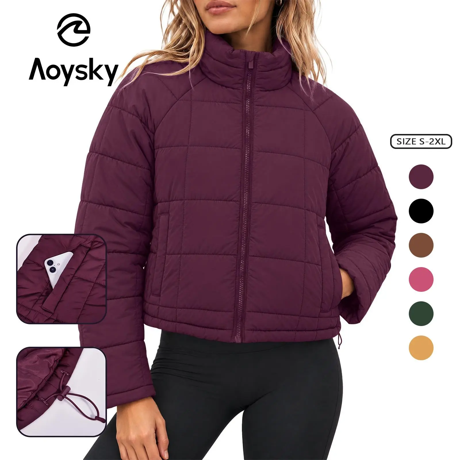 Aoysky Women's Cropped Polyester Puffer Jacket - Casual, Lightweight, Waterproof Shell, Quilted Zip-Up, Packable, Stand Collar, Button Cuffs, Zipper Pockets, Adjustable Hem, Breathable Fall Winter Outerwear