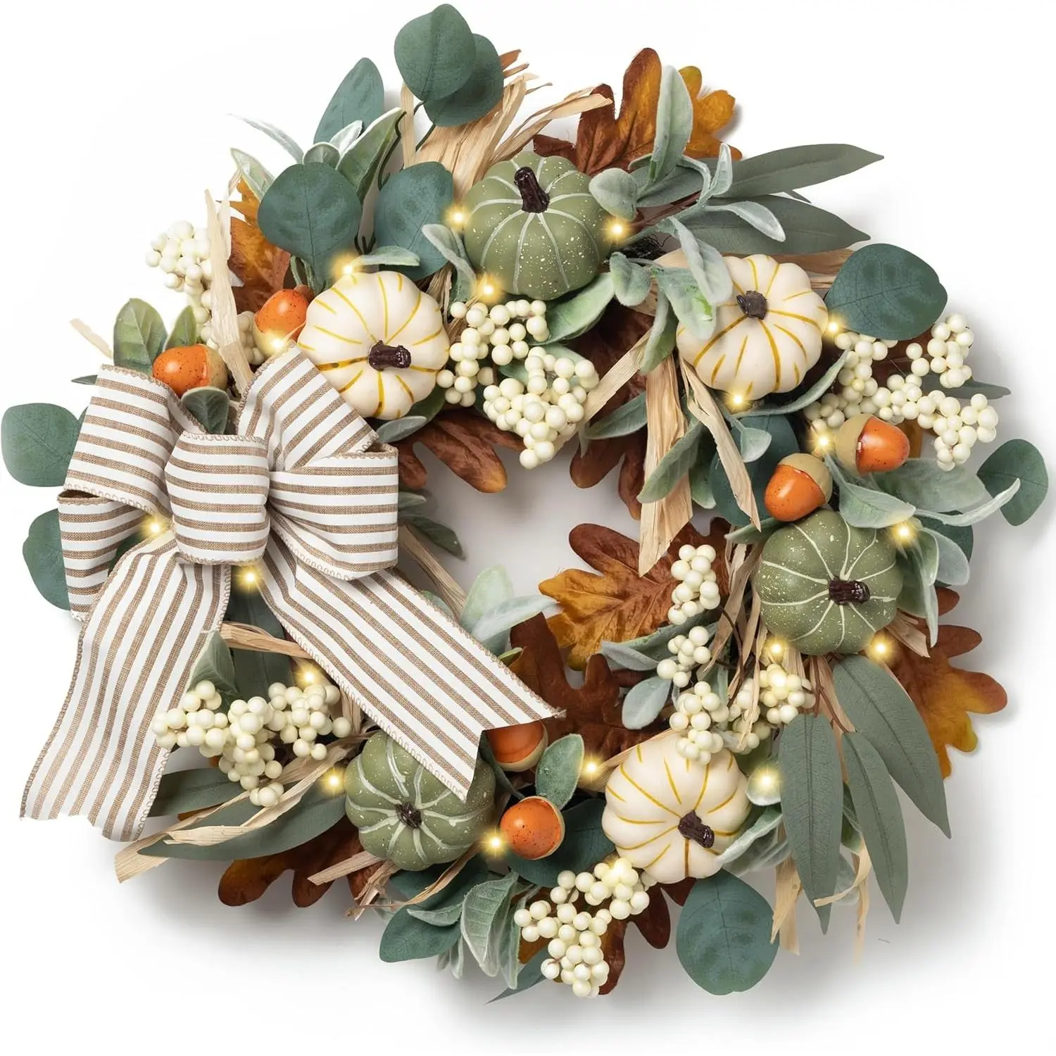 20'' Fall Wreaths for Front Door with LED Lights |   Farmhouse Autumn Wreath with White Pumpkins Bow for Home Porch Thanksgiving Harvest Table Centerpiece Decorations