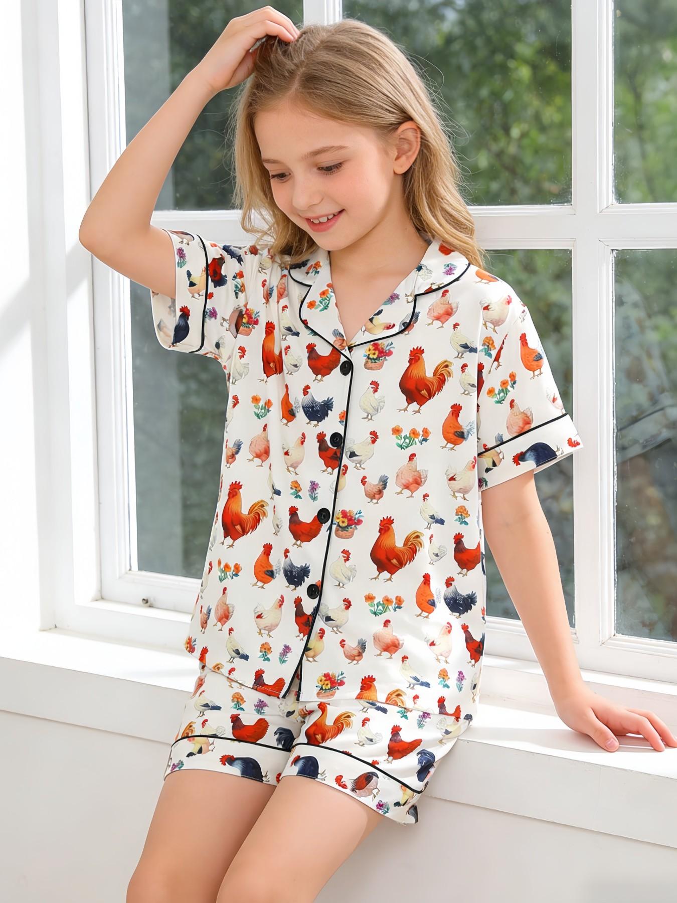Sleepwear Sets, Cute Rooster Cartoon Pattern, Fashionable Button-Down Design, Short Sleeves & Shorts, All Seasons Wear