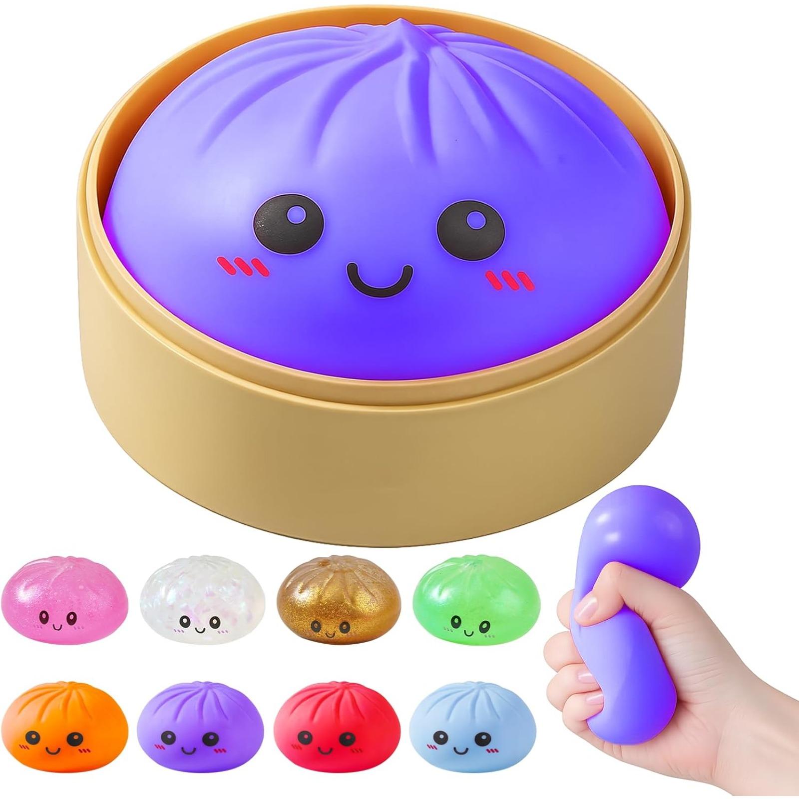 Dumpling Squishies, Glitter Dumpling Mystery Box, Colorful Dumplings Stress Balls Fidget Sensory Toy, Stocking Stuffers with Food Steamer Stretchy Desk Toys (Blue)