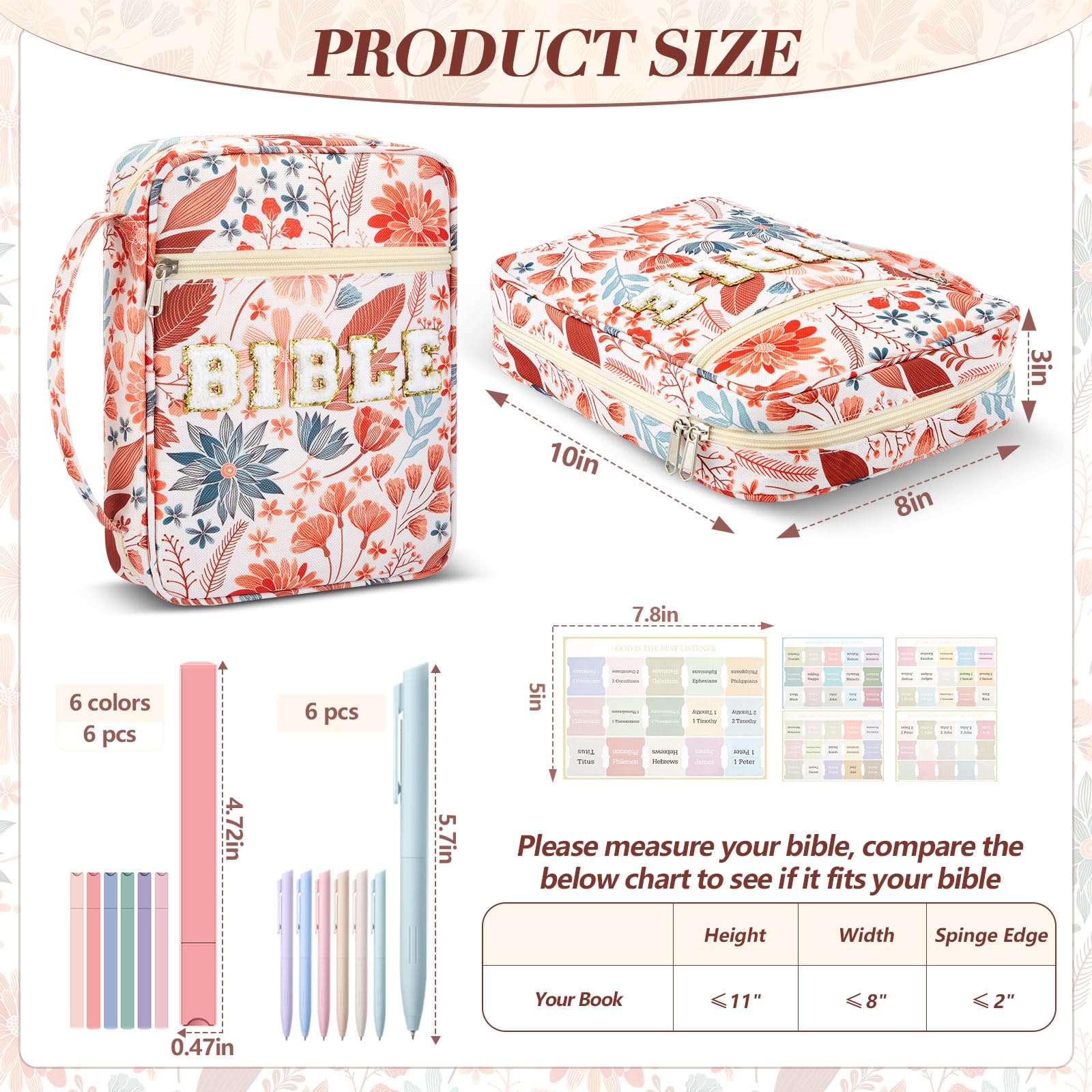 Christian Bible Bag with Floral Patterns PU Leather Bible Case with Aesthetic Annotation Kit Chenille Letter Bible Case Bible Study Supplies Easter Gift for Christian Mom Women Girls, Church Sunday Prayer Bible Journaling Kit