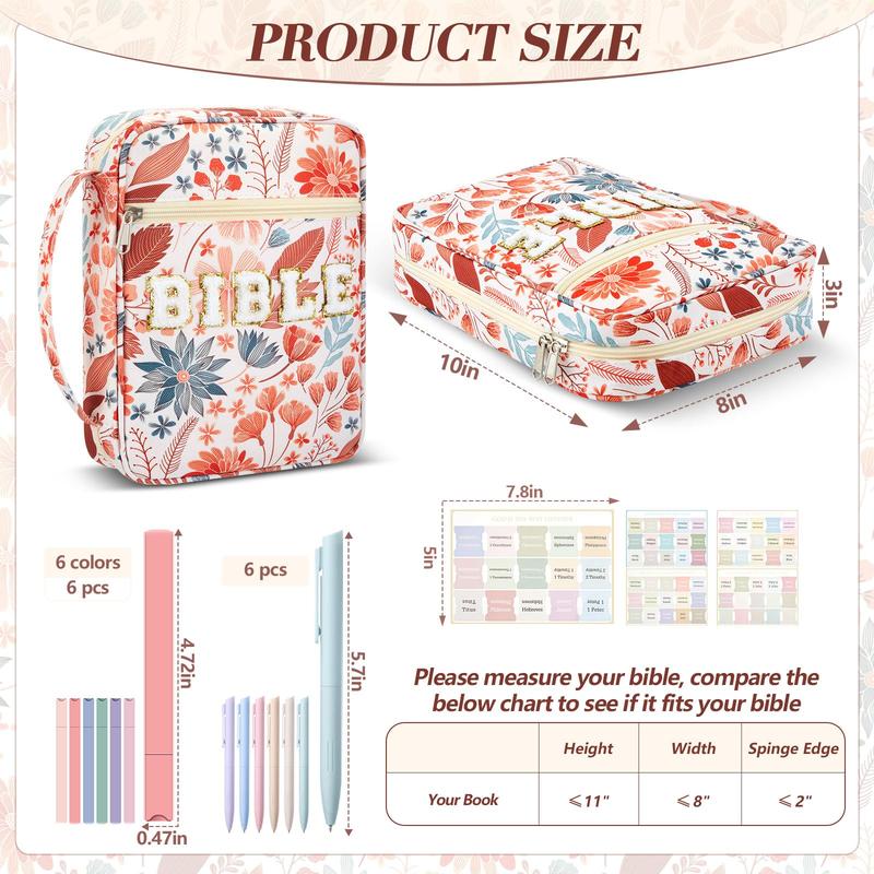 Christian Bible Bag with Floral Patterns PU Leather Bible Case with Aesthetic Annotation Kit Chenille Letter Bible Case Bible Study Supplies Easter Gift for Christian Mom Women Girls, Church Sunday Prayer Bible Journaling Kit