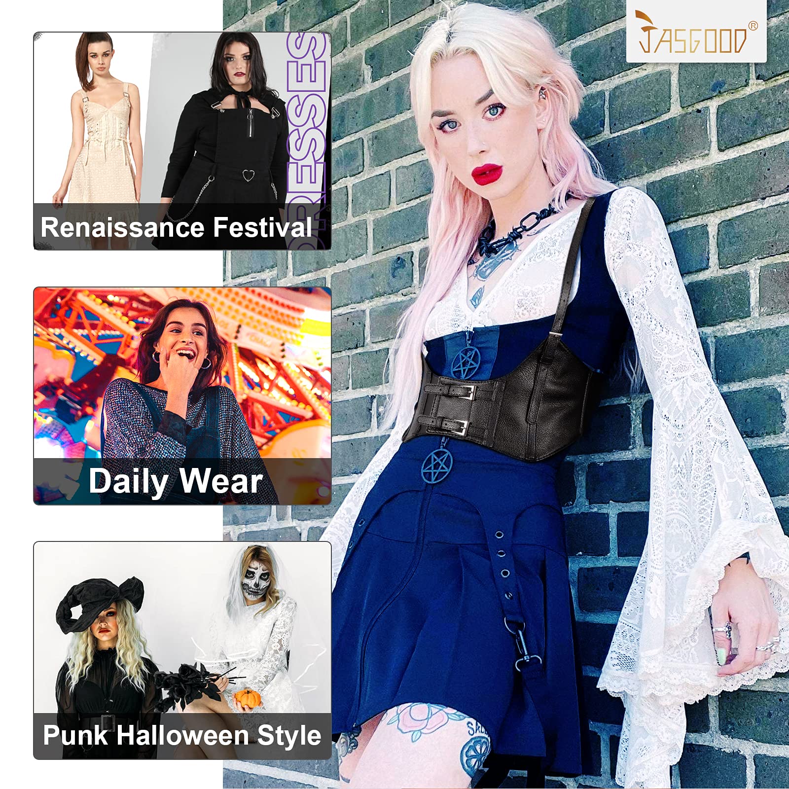 JASGOOD Women Faux Leather Corset Waist Belt Elastic Wide Underbust Corset Lace-up Steampunk Waspie Belt For Halloween