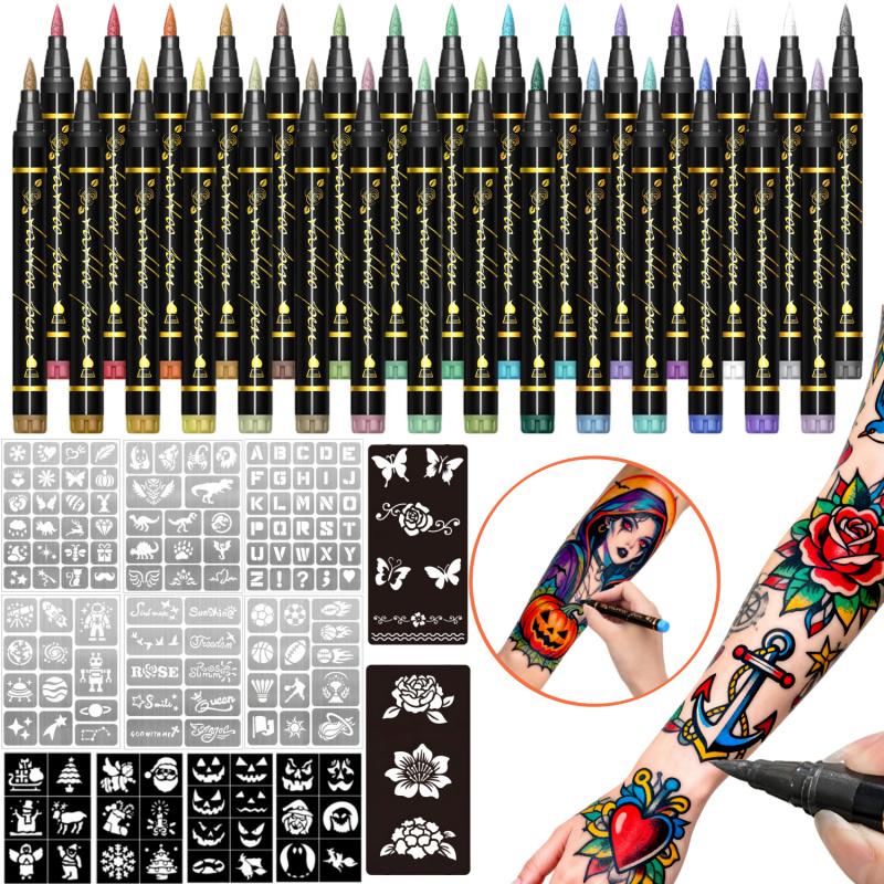 Temporary Tattoo Markers for Skin, 10/15/30-Count Body Markers 10/15/30 Colors Tattoo Pens, Tattoo Stencils,Flexible Brush Tip, Bright colors, Face Paint Kit Cosmetic Quality,Halloween makeup