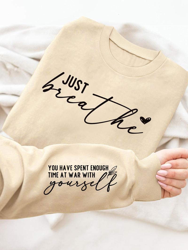 Women's Letter & Heart Print Pullover Sweatshirt, Casual Long Sleeve Crew Neck Sweatshirt for Fall & Winter, Women's Clothes for Daily Wear