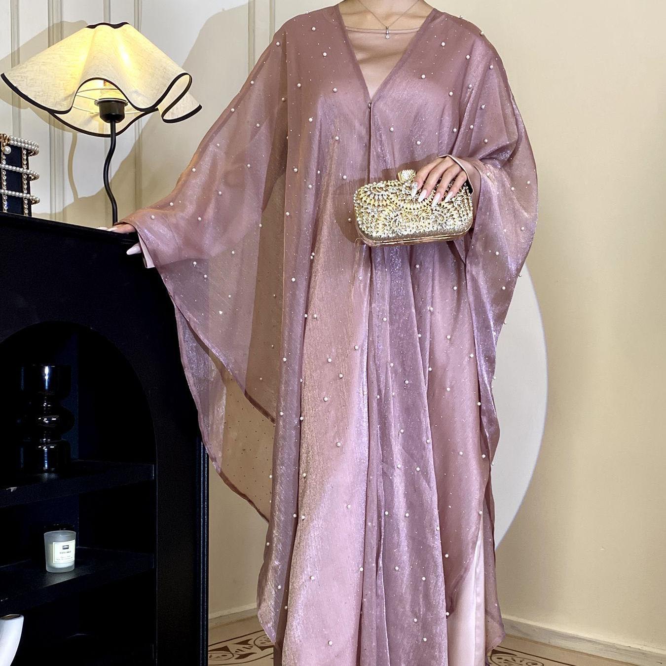 CL01 Starlight sparkling pearl abaya, two piece suit, abaya cardigan, bottoming dress Modest Beige Women Chiffon Chic【Fashionweek】 Modern