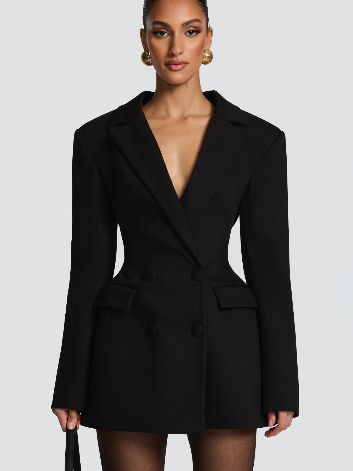 High-Waisted Waist-Cropped Suit Dress, Double-Breasted Design, Long Tailored Jacket, Blazer, Professional Office Wear, Perfect for Work & Events