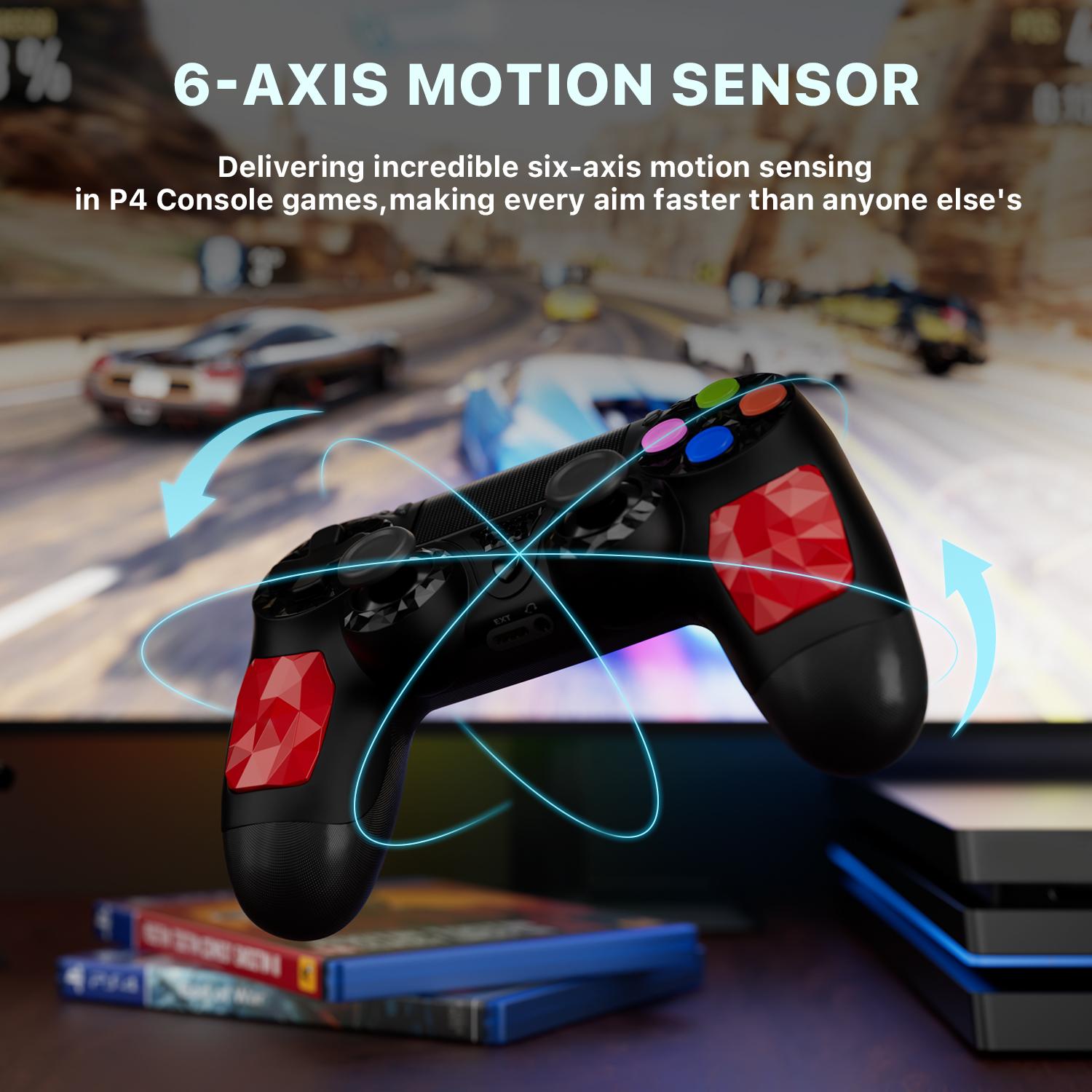ISHAKO Wireless Game Controller For PS4/PS3/PC/Android/iOS, With Double Vibration, Six Axis Gyro, Touchpad, Built in speaker, Audio jack, Gamepad for PS4, Red PS413