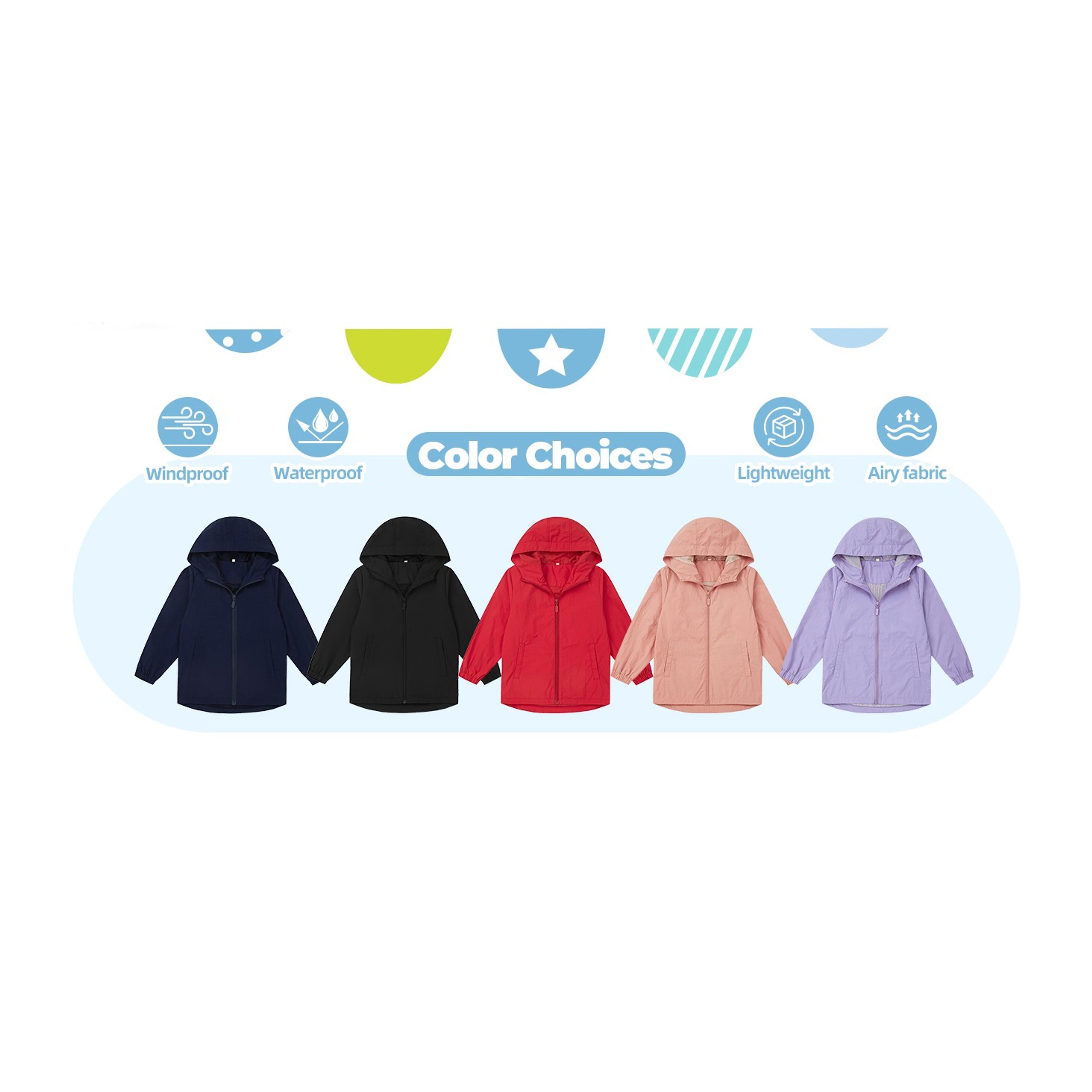 Boys Girls Hooded Windbreaker Jacket Lightweight Packable Rain Coat - Easy On, Soft Fabric, Zippered Pockets, Elastic Cuffs, Name Label, Ready for Changing Weather(Gift)