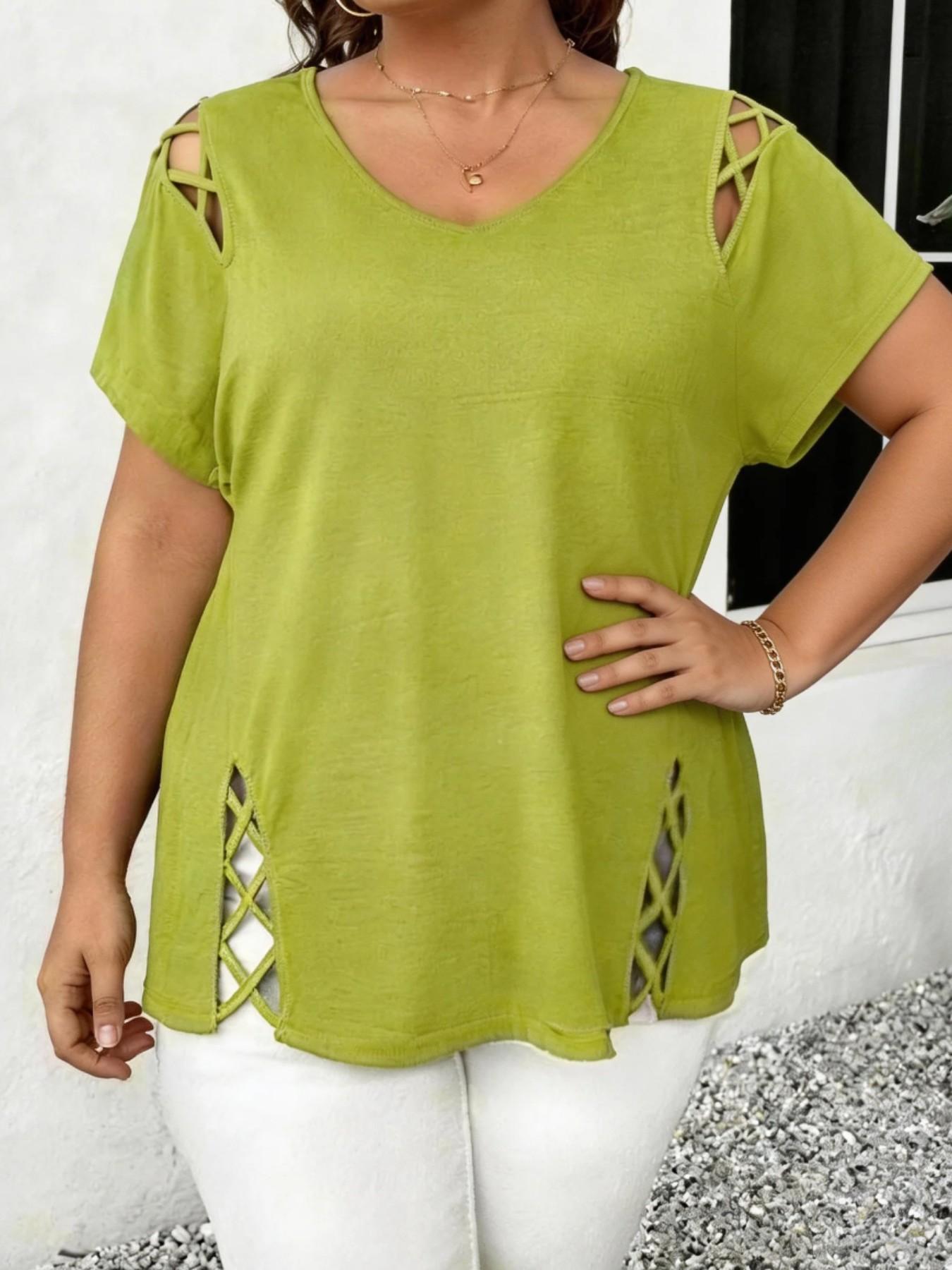 Women's V Neck Hollow Out Short Sleeve Top Blouse, Lightweight Loose Blouses, Loose Fit Basic Casual Summer Fashion, Comfortable Daily Wear Tee for Women Womenswear