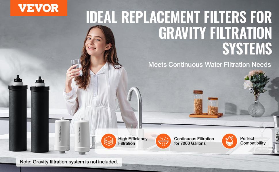 【Summerfinds】VEVOR Gravity Water Filter Replacement Elements Pack of 4 - 2 Activated Carbon, 2 Defluorination Filters, Gravity-Fit, No Leakage, 7000 gal, Compatible with Most Brands, for Outdoors Indoors