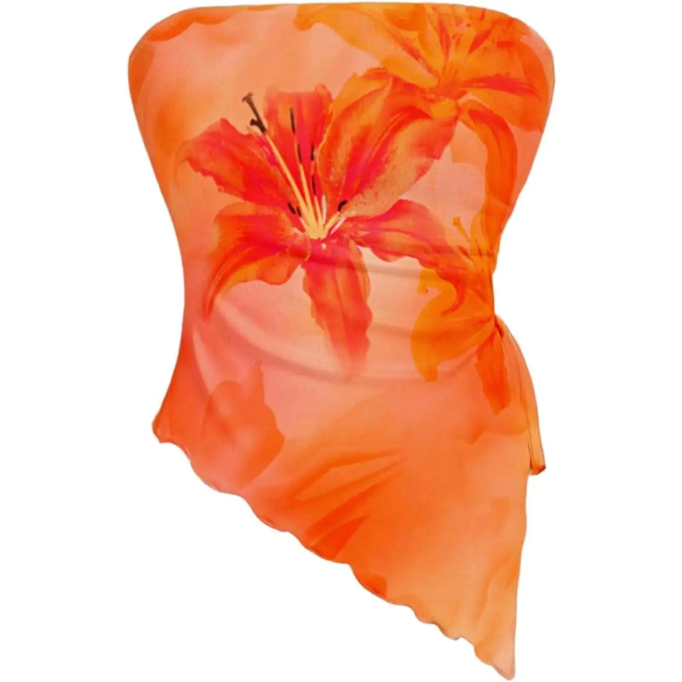 Women's Floral Mesh Strapless Bandeau Crop Top with Side Ruched Asymmetrical Hem(Gift)