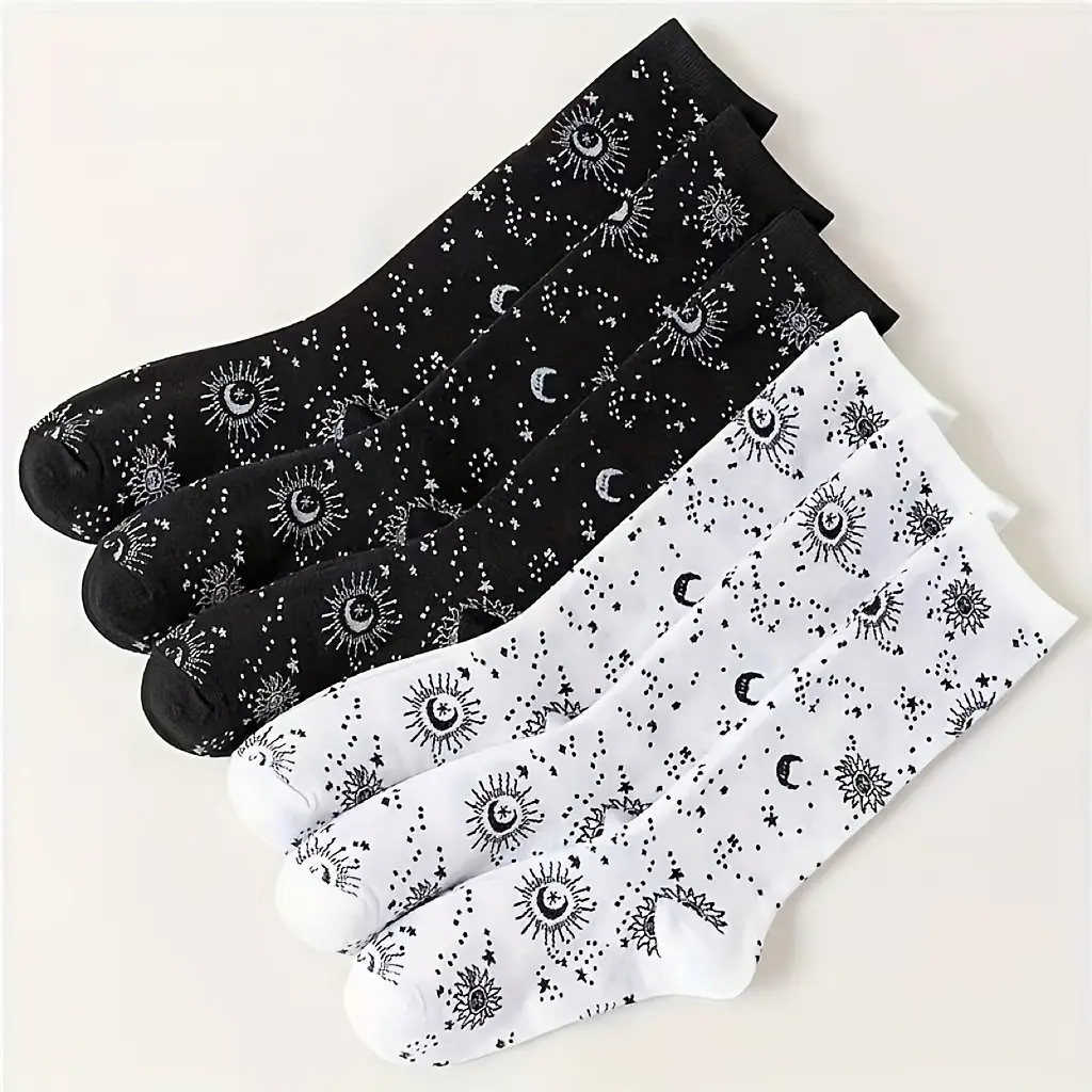 6 Pairs of Black and White Halloween Star Sun Moon Vintage Trendy Fashion Anti Odor Breathable Sweat Absorbing Warm Extra Long Thick Women's Mid Calf Socks