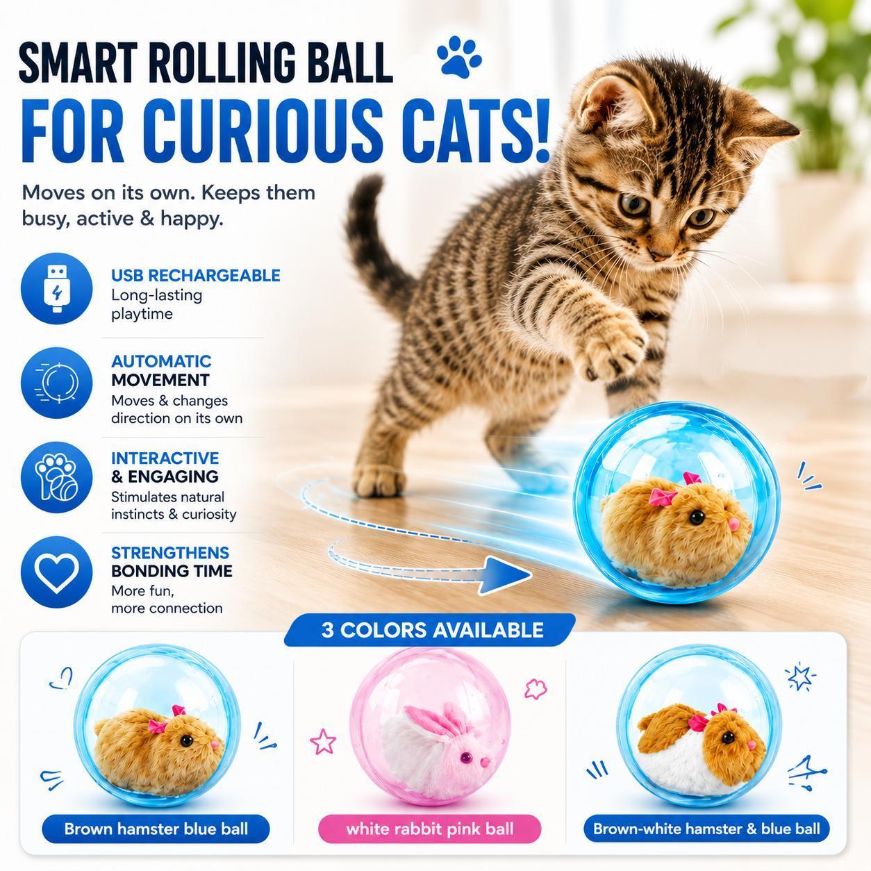 Interactive Cat Toy, Auto-Rolling Ball with Mouse Tail for Indoor Cats, Hands-Free Motion Toy for Exercise, Hunting & Boredom Relief