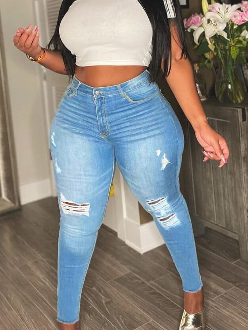 Plus Size Women's Comfortable Skinny Jeans Pants, Elastic Fabric, Party, Ripped Washed Craftsmanship, Sexy Wear, All Seasons