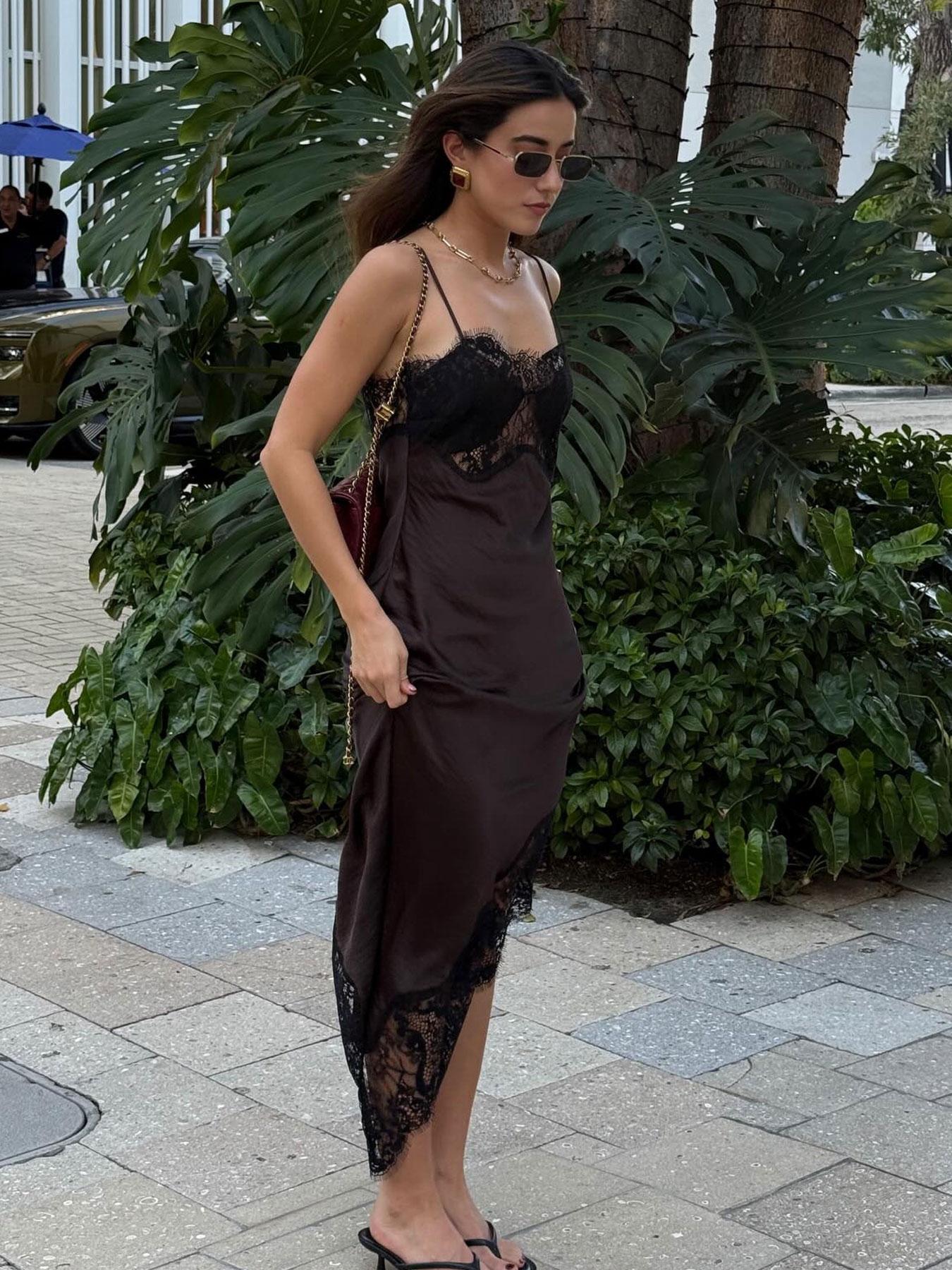 Women's Asymmetric Lace Satin Midi Dress, Chocolate Olive Thin Straps, Lace Trim and Silk Aesthetic, Spring Summer Fashion