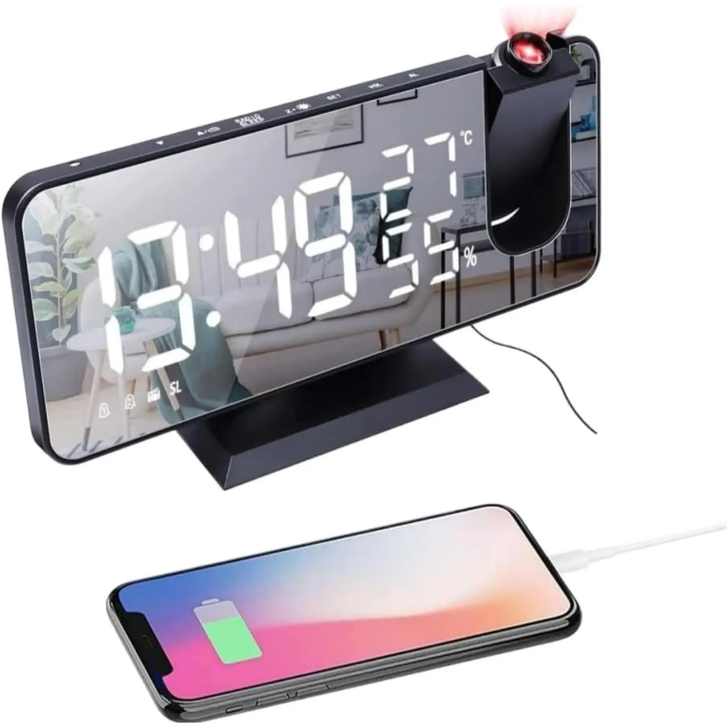 Projection Alarm Clock Radio 180° Rotatable Ceiling Projector with USB Charging for Bedroom (Black)