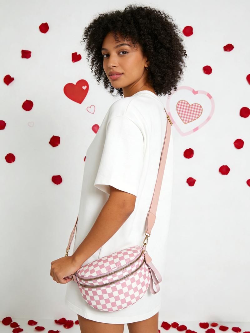 Valentine's Day Plaid Waist Pack, Checkered Fanny Pack, Multi-Layer Wide Shoulder Strap, Casual Fashion Commuter Crossbody Bag