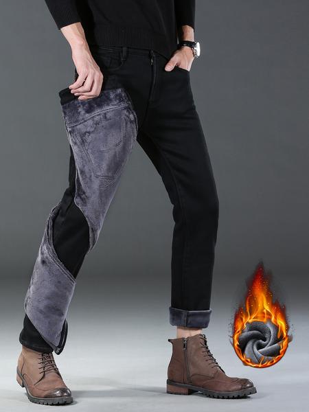 Men's Thick Winter Denim Jeans, High Waist Loose Straight Leg Pants, Fitted Street Style Warm Elastic Casual Trousers
