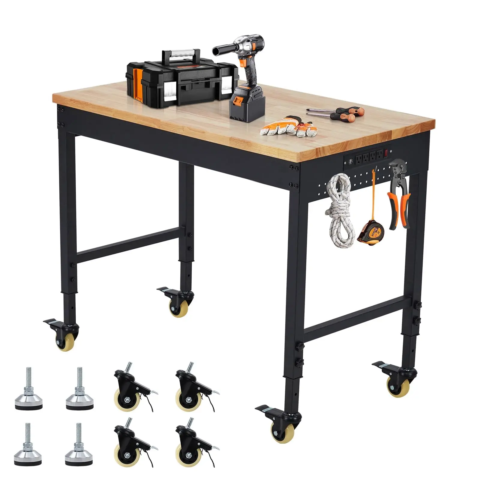 48-in x 24-in Heavy Duty Adjustable Rolling Workbench with Rubberwood Tabletop, Power Outlets, Drawer, Power Tools Compatibility, 2000+ LBS Capacity - Garage Users’ Mobile Work Table for Workshop Tasks