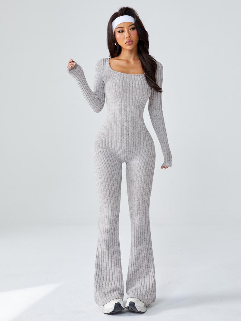 Women's Sporty U-Neck Long Sleeve Yoga Jumpsuit, Slim-Fit Below Knee Knitted Romper for All Seasons, Casual Fashion Wear