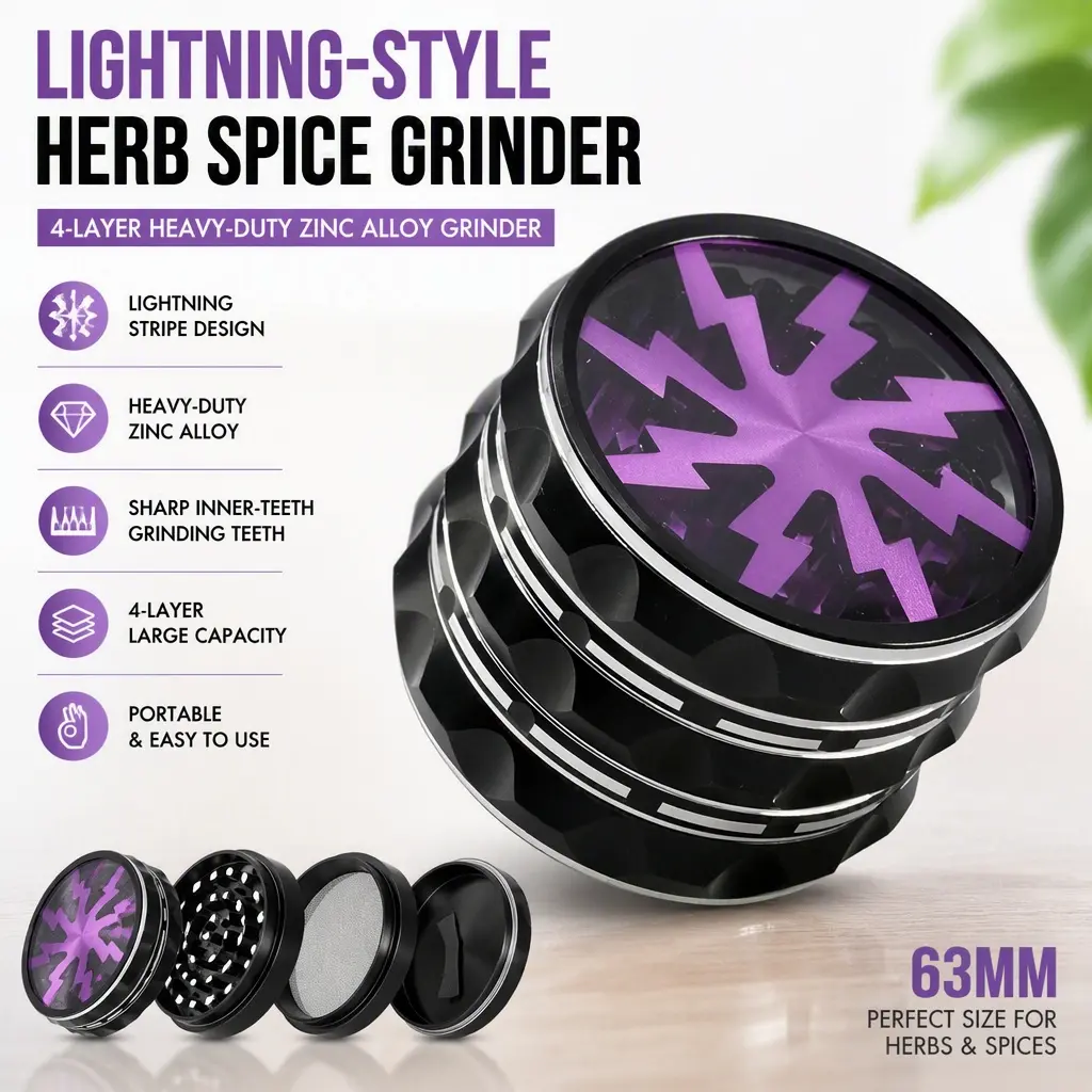 63mm Lightning Herb Grinder, 4‑Layer Zinc Alloy Grinder, Sharp Inner‑Teeth with Striped Transparent Top Cover, Portable Spice Grinding Tool