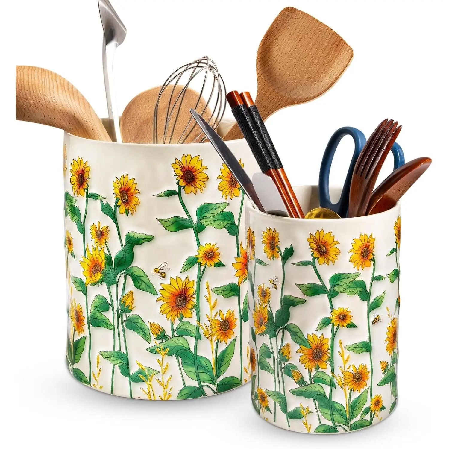 Sunflower Ceramic Utensil Holder, 7.1"+5.4" Kitchen Counter Utensil Crock, Farmhouse Cooking Utensil Storage Organizer for Spoon, Sunflower Kitchen Decor