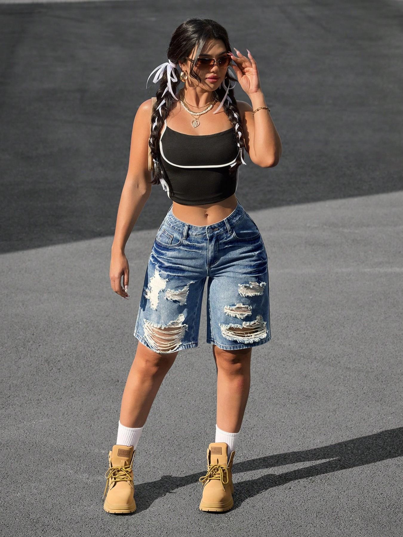 Women's Fashion Casual Breathable Button Ripped Denim Shorts Bottom for Spring & Summer Women's Fashion Casual Breathable Button Ripped Denim Shorts Bottom for Spring & Summer